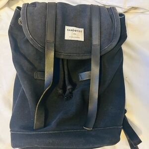 Sandqvist Stig Black Canvas Backpack Leather Straps Minimal Mid Size Travel Bag
